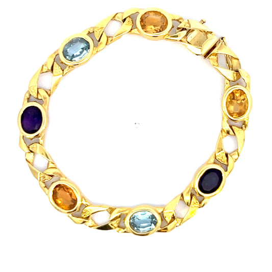7.5" Chunky Curb Multi-Stone Bracelet - 14k - 19.18g - Citrine, Blue Topaz, Amethyst Gemstones