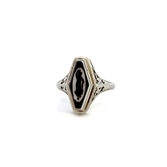 Vintage Coffin Shaped Cameo Ring - 18k White Gold - Size 6 - Dancing Lady