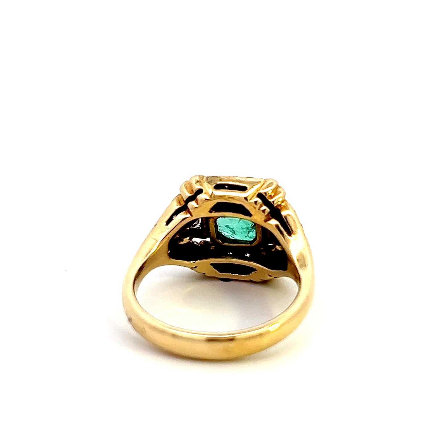 Art Deco Natural Emerald Stone with Diamonds - 18k - Size 7 - Two Trillion Cut Diamonds 0.14CTW, 36 Round Brilliant Diamonds