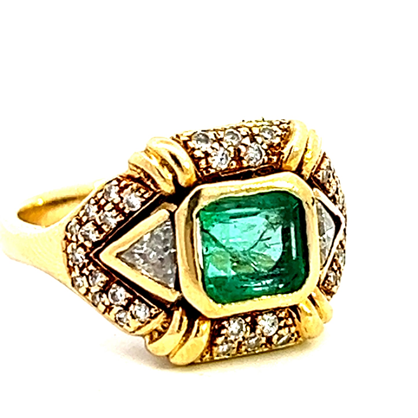 Art Deco Natural Emerald Stone with Diamonds - 18k - Size 7 - Two Trillion Cut Diamonds 0.14CTW, 36 Round Brilliant Diamonds