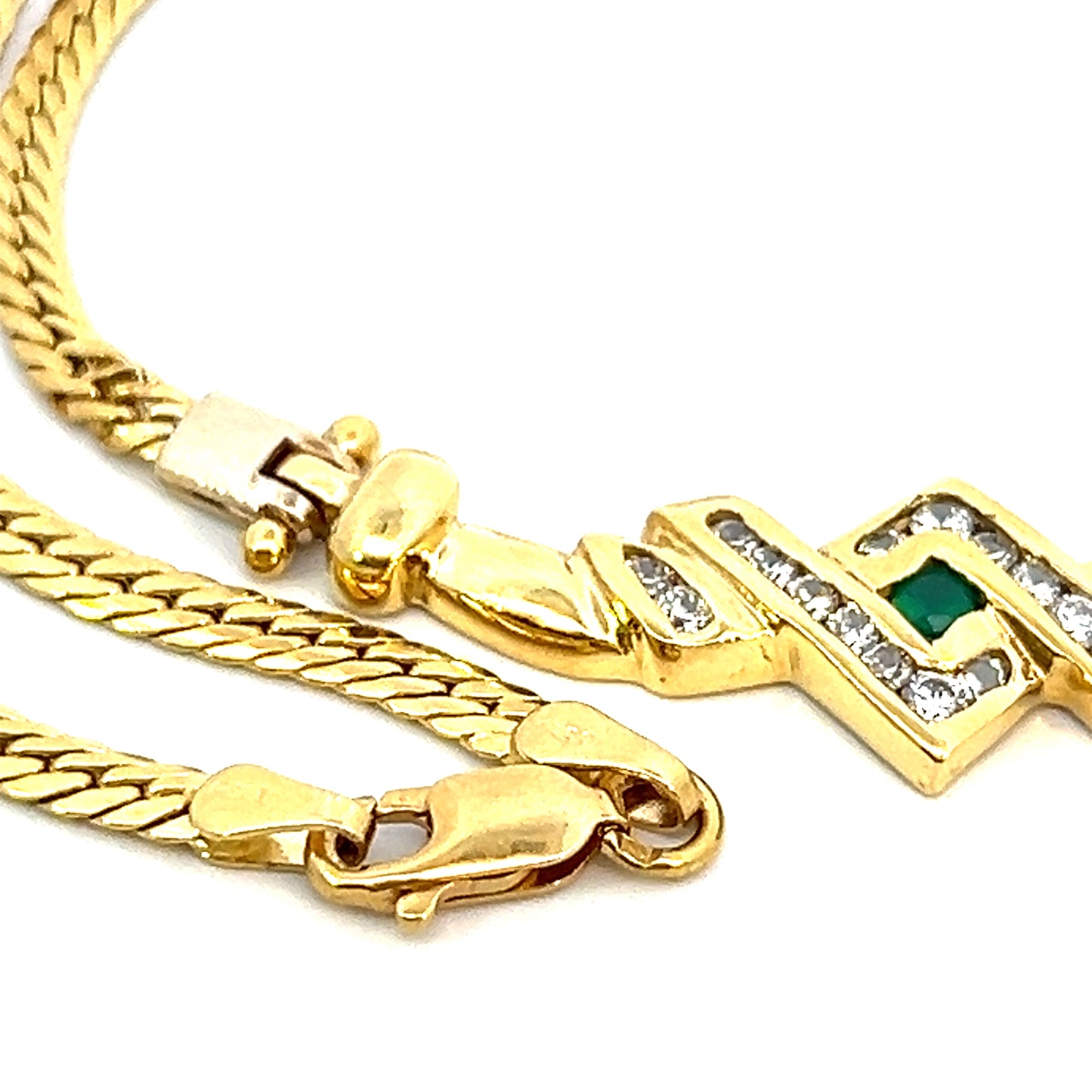 18" Serpentine Necklace with Emerald & White Tourmaline - 18k - Yellow Gold
