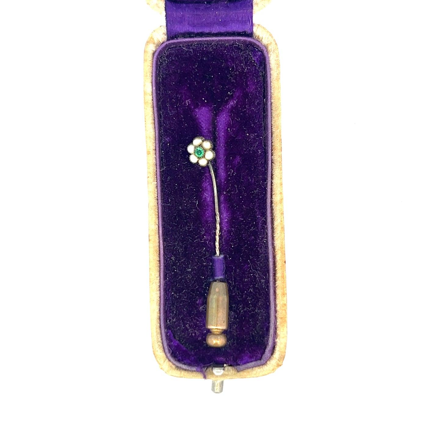 Antique Flower Stick Pin Brooch - Glass Stone/Synthetic Pearl - 14k - 0.65g - Original Box Included