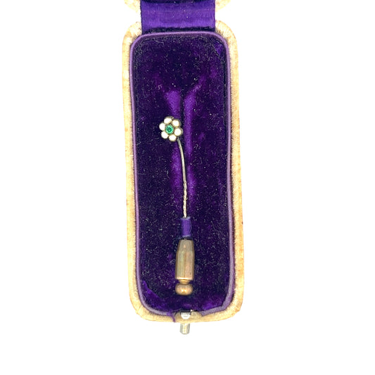 Antique Flower Stick Pin Brooch - Glass Stone/Synthetic Pearl - 14k - 0.65g - Original Box Included