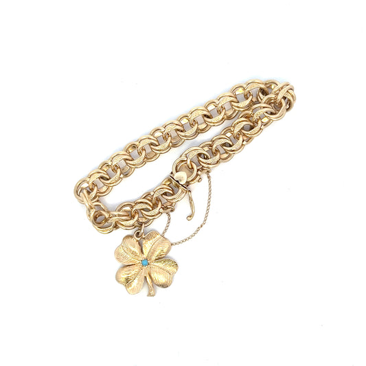 7" Textured Woven Link Lucky Clover Drop Charm Bracelet - 14k - Yellow Gold - 28.19g